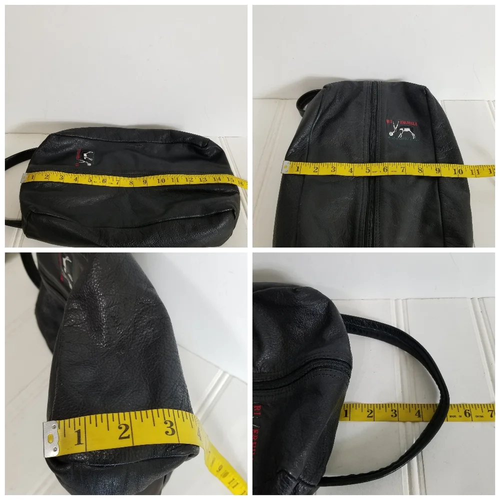 Riverhill Black Leather Pouch Bag Faux Fur Lined Single Handle Logo Zip